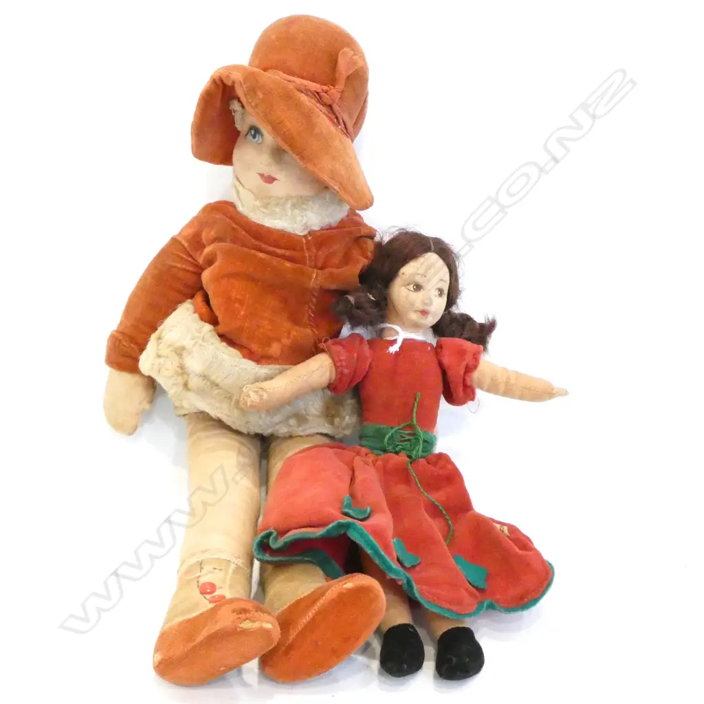 PR OLD DOLLS - CLOTH BODIES / COMPOSITE FACES  - FUR LINED RED DRESS  & BONNET & RED & GREEN VELVET DRESS Image 1++